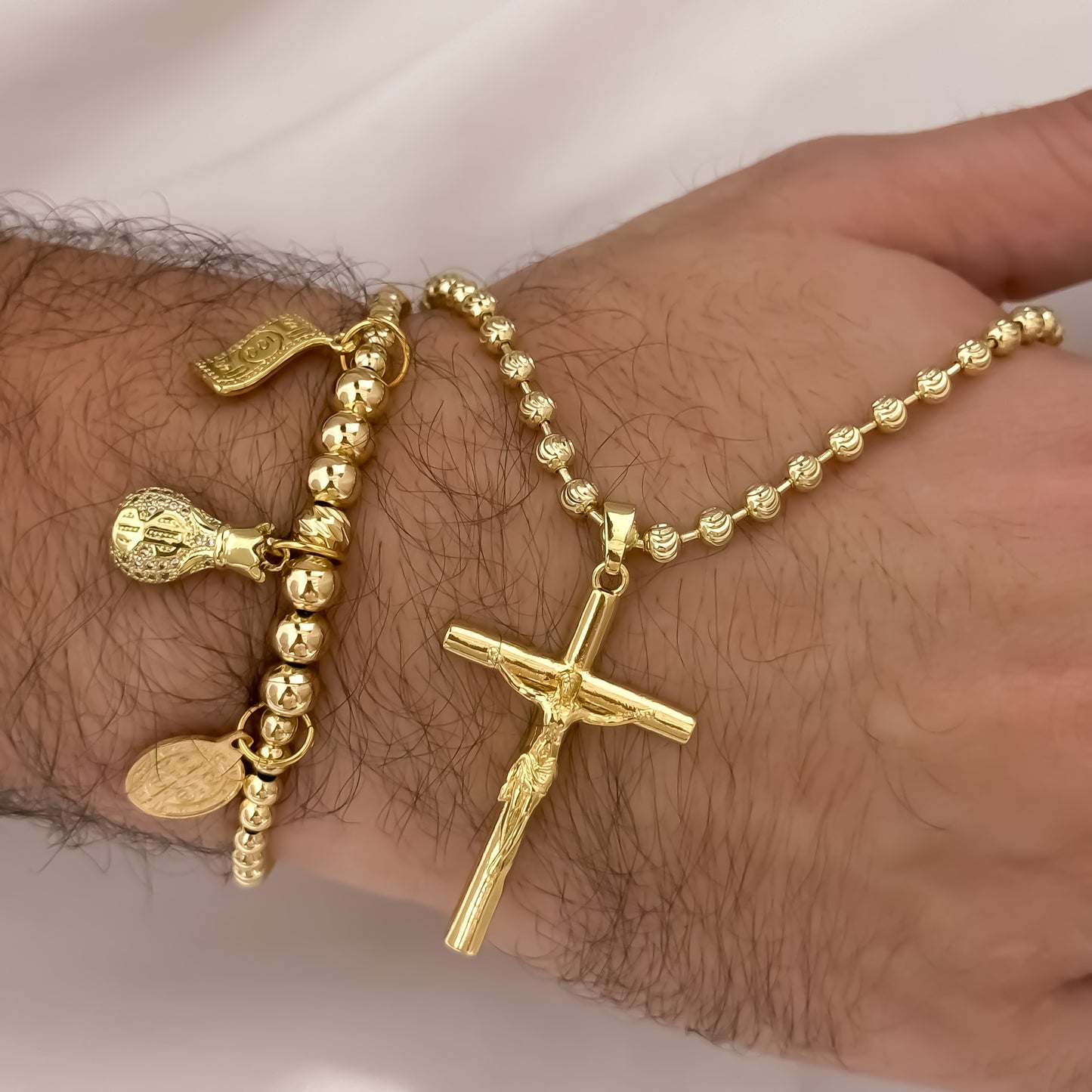 Cadena Tejido Militar Diamantada de 60cm de 4mm de Grosor + Cruz Cristo Madero Protección + Pulsera de Abundancia y Protección en Oro Laminado 18k