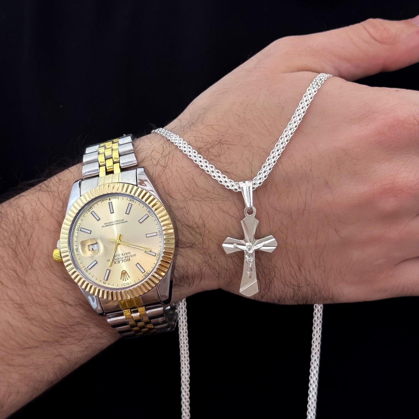 Cadena Tejido Chino de Hombre de 60cm de 4mm + Cruz Trébol en Plata 925 Garantizada + Reloj Rolex Baño de Plata 925 + Baño de Oro con Garantia de por vida