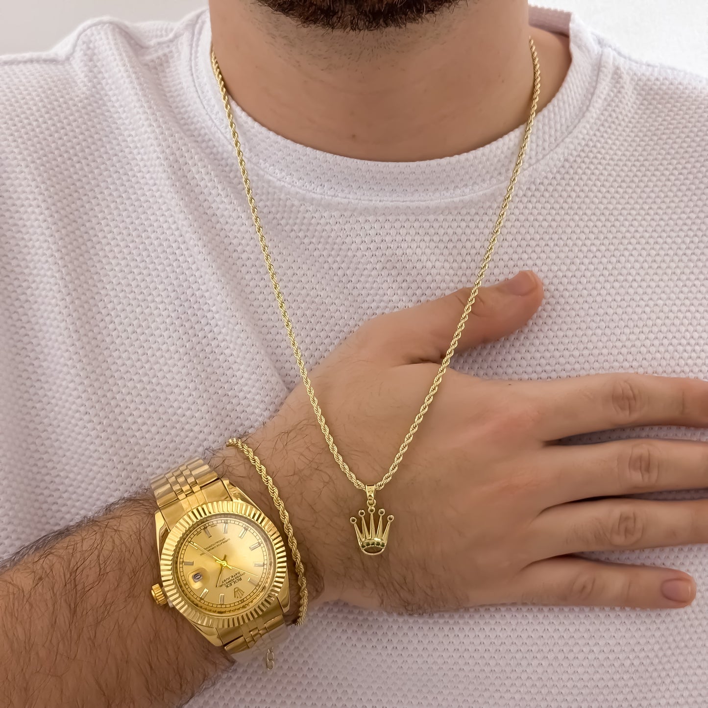 Conjunto Tejido Lazo Hombre de 60cm de 3mm + Dije de Corona Rolex verde Esmeralda + Pulsera Lazo 20cm en Oro Laminado 18k con Garantia de por vida + Reloj Rolex 1.1 con Garantia