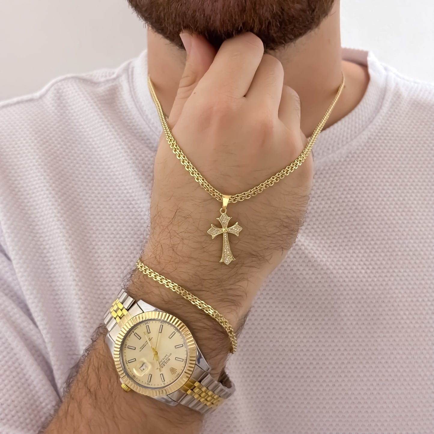 Conjunto de Cadena Tejido chino Hombre de 60cm de 3mm + Cruz Trebol con Micro Circones + Pulsera China de 20cm de 3mm en Oro Laminado 18k con Garantía de por vida + Reloj Rolex 1.1