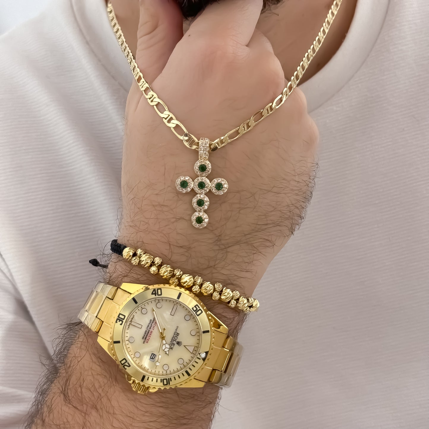 Cadena Tejido 1 X 1 de Hombre de 60cm de 4mm de grosor + Cruz Verde Esmeralda + Pulsera italiano de 6mm en Oro Laminado 18k con Garantia de por vida + Reloj Rolex de Alta Calidad