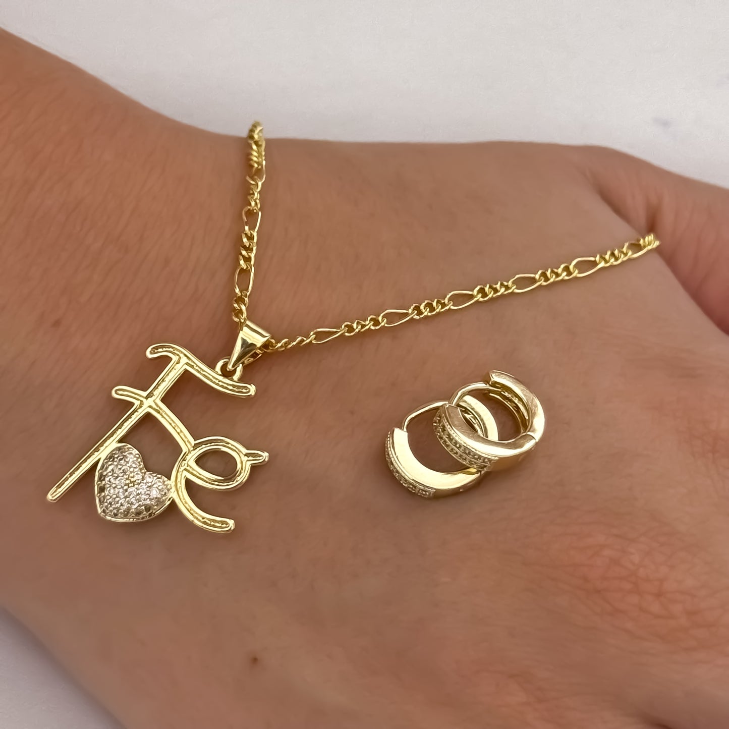 Cadena Tejido Catier de 45cm de 3mm de Grosor + Dije de Fe con Micro circones + Candongas con micro circones en Oro Laminado 18k con Garantia de por vida