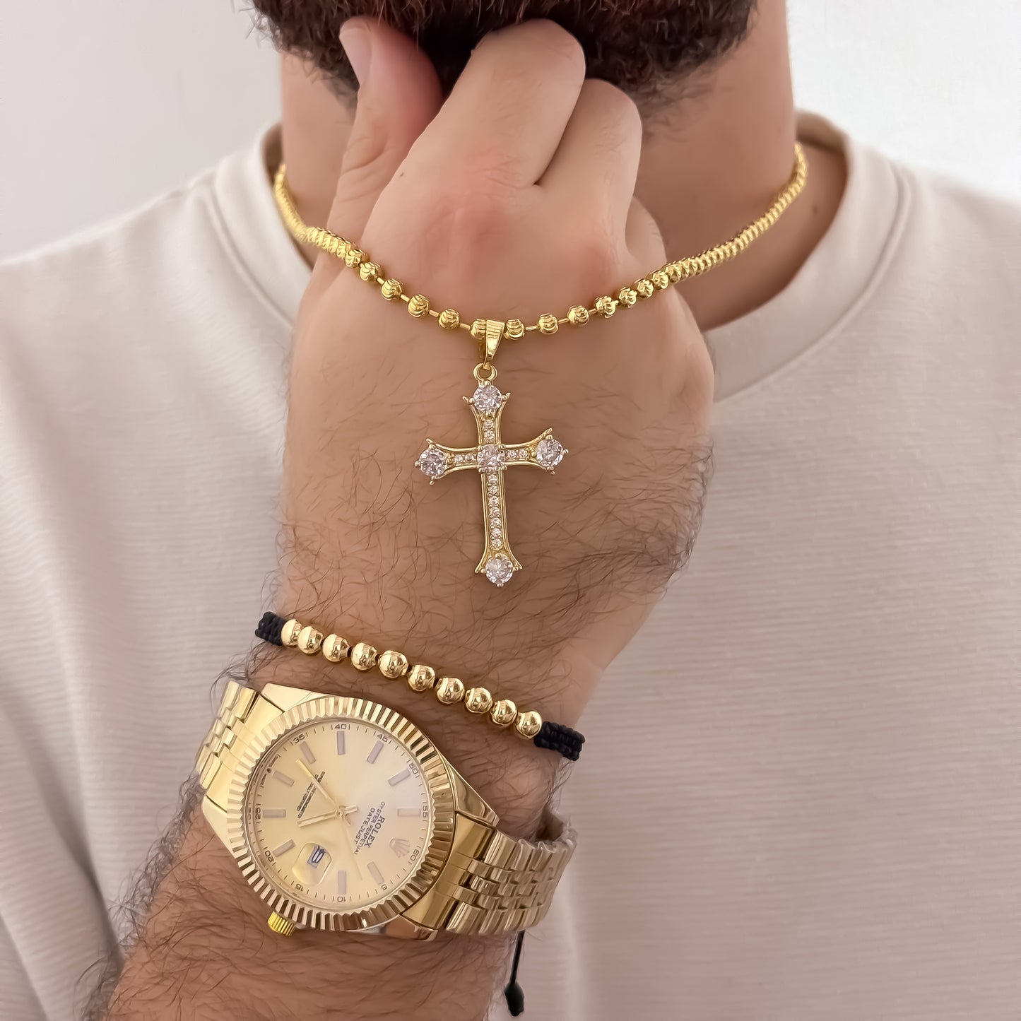 Cadena Tejido Militar Diamanta de 60cm de 4mm + Cruz con Micro Circones Cristales + Pulsera Tejida Balin de 4mm + Reloj Rolex en Oro Laminado 18k con Garantia de por vida