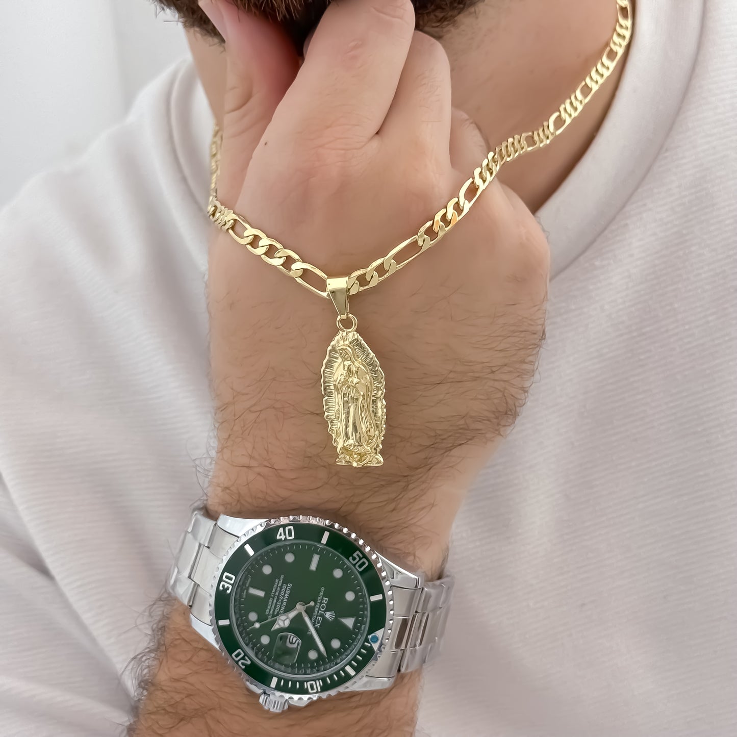 Cadena Tejido Catier de Hombre de 60cm de 5mm de Grosor + Virgen de Guadalupe Tallada en Oro Laminado 18k con Garantia de por vida + Reloj Rolex de Alta Calidad con Garantía