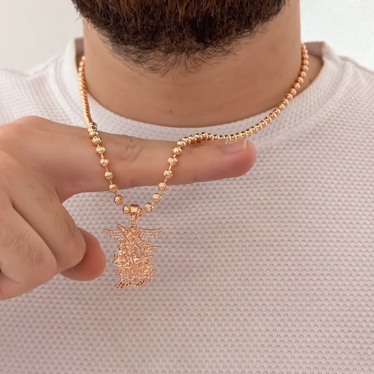 Cadena Tejido Militar Diamantada ORO ROSA de 60cm de 4mm + San Miguel Arcángel en Oro Lamiando 18k Rosa con Garantía de por vida