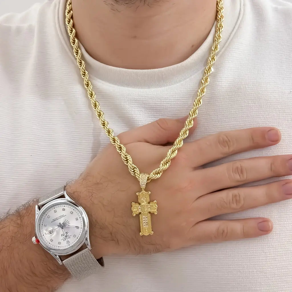 Cadena Tejido Lazo de Hombre Gruesa de 60cm de 5mm de Grosor + Cruz Trebol de Virgren