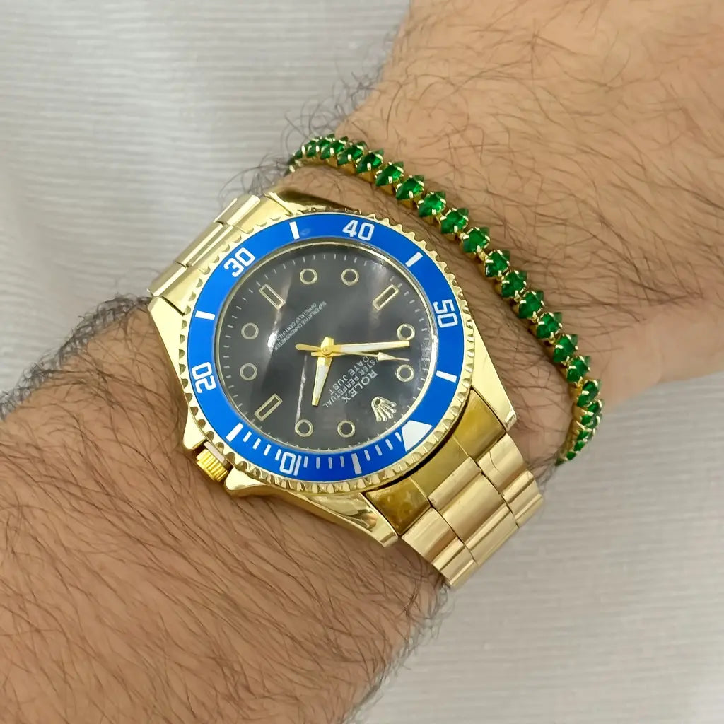 RELOJ ROLEX ORO AMARILLO + PULSERA TENNIS VERDE ESMERALDA EN BAÑ0 DE ORO DE 18K ,