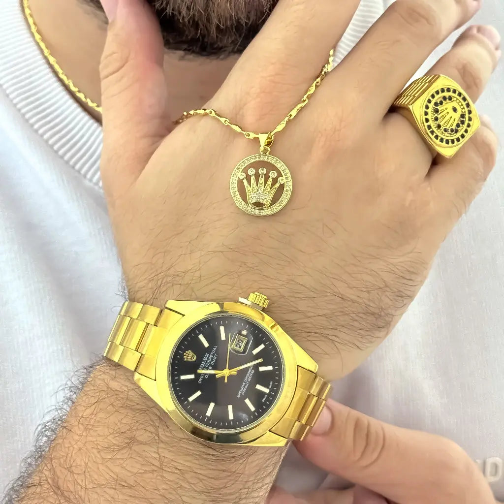 Conjunto Rolex para Caballero Cadena 60cm + Dije Rolex + Anillo Rolex + Reloj Rolex en Baño de Oro de 18k con Garantia