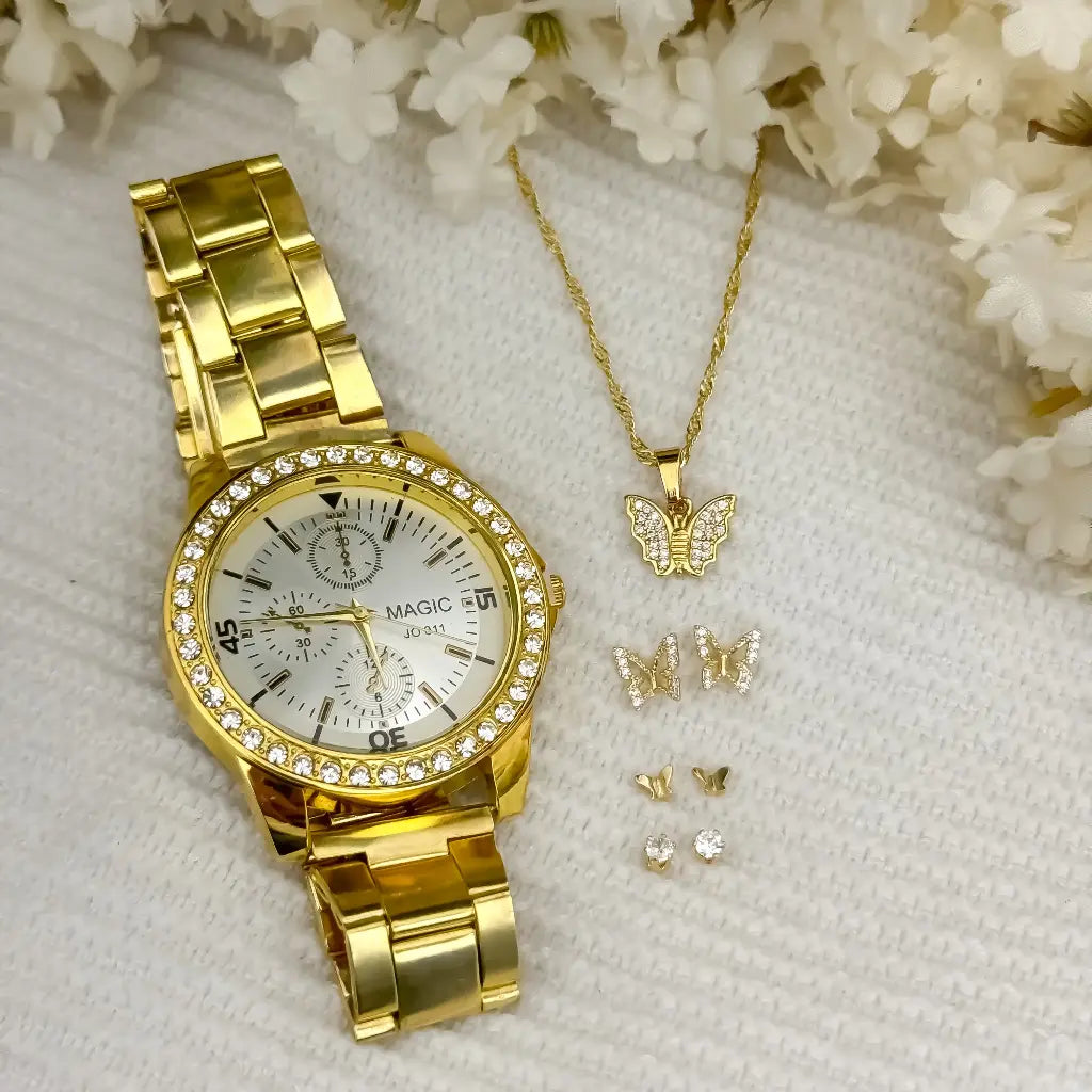 Juego de Cadena Tejido Singapur + Dije mariposa con Micro circones + Topos Mariposa + circone cristal en Oro laminado 18k + Reloj Magic en con Garantia de por vida