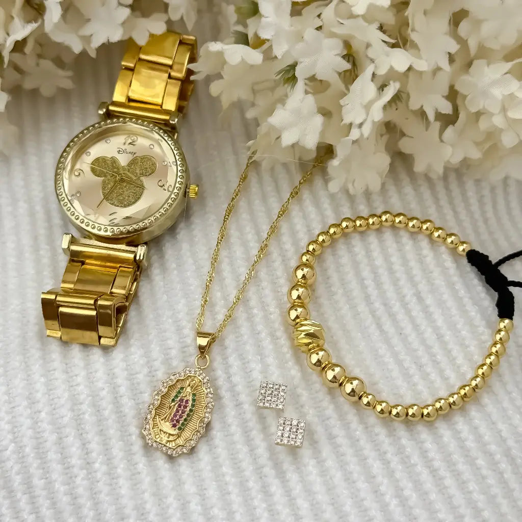Juego Cadena Tejido Singapur 45cm + Virgen Guadalupe + Topo Cuadrado con micro Circones + Pulsera Balin 4mm Full en Oro Laminado 18k con Garantia de por vida + Reloj Oso Tous con Garantia