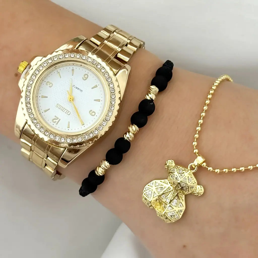 Conjunto para Dama Cadena Tejido Militar + Oso Circones + Pulseras Balin Italiano 4mm en Baño de Oro de 18k + Reloj Guess con Circones con Garantia de por vida