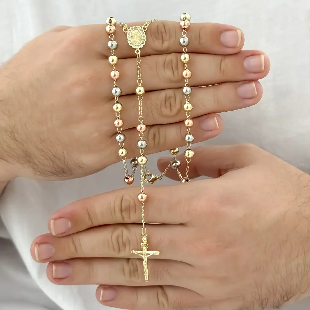 Camándula de 3 Oros en 60cm-6mm de Grosor de Virgen de Guadalupe en Baño Oro de 18k