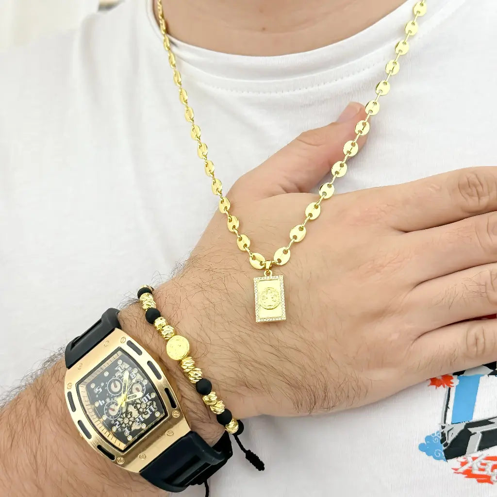 SET DE CADENA + MANILLA DE SAN BENITO PROTECION EN CADENA TEJIDO GUCCI EN ORO LAMINADO 24K CON GARANTIA + RELOJ RICHAR MILLE