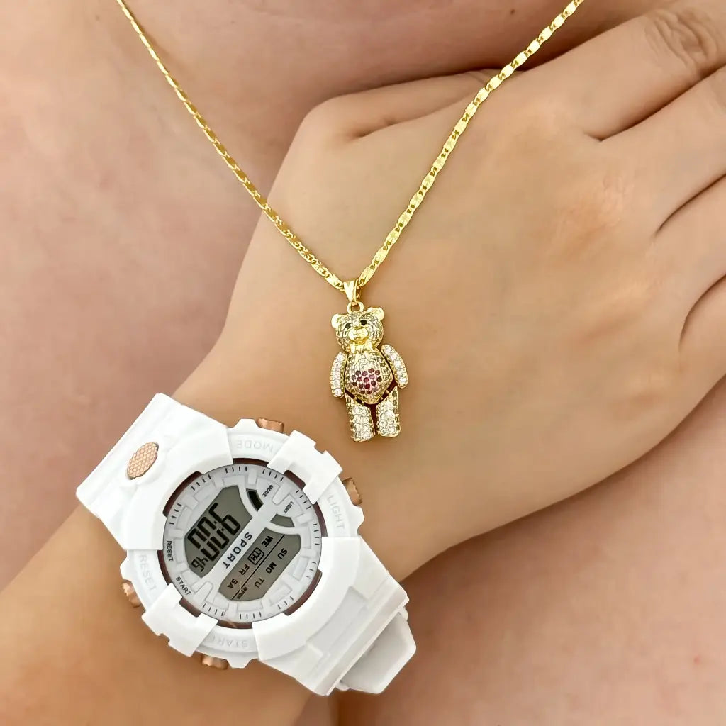 Conjunto de Cadena con Destello 45cm-3mm + Oso Articulado con Circones en Baño de Oro de 14k + Reloj Blanco Smeike de Dama