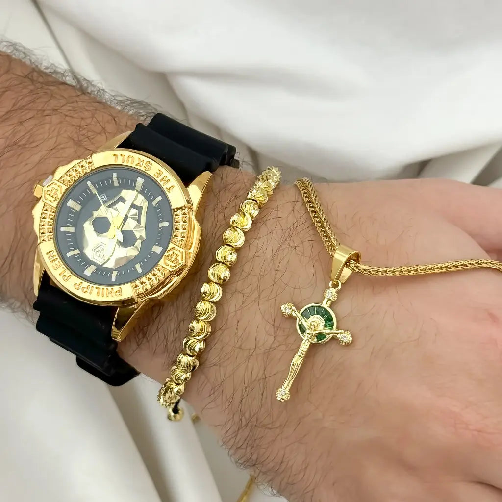 Juego de Cadena Tejido Cubana Cruzada + Dije Cristo San Benito verde + Pulsera Italiana Balin 5mm en Baño de Oro + Reloj Richar Mille con Garantia