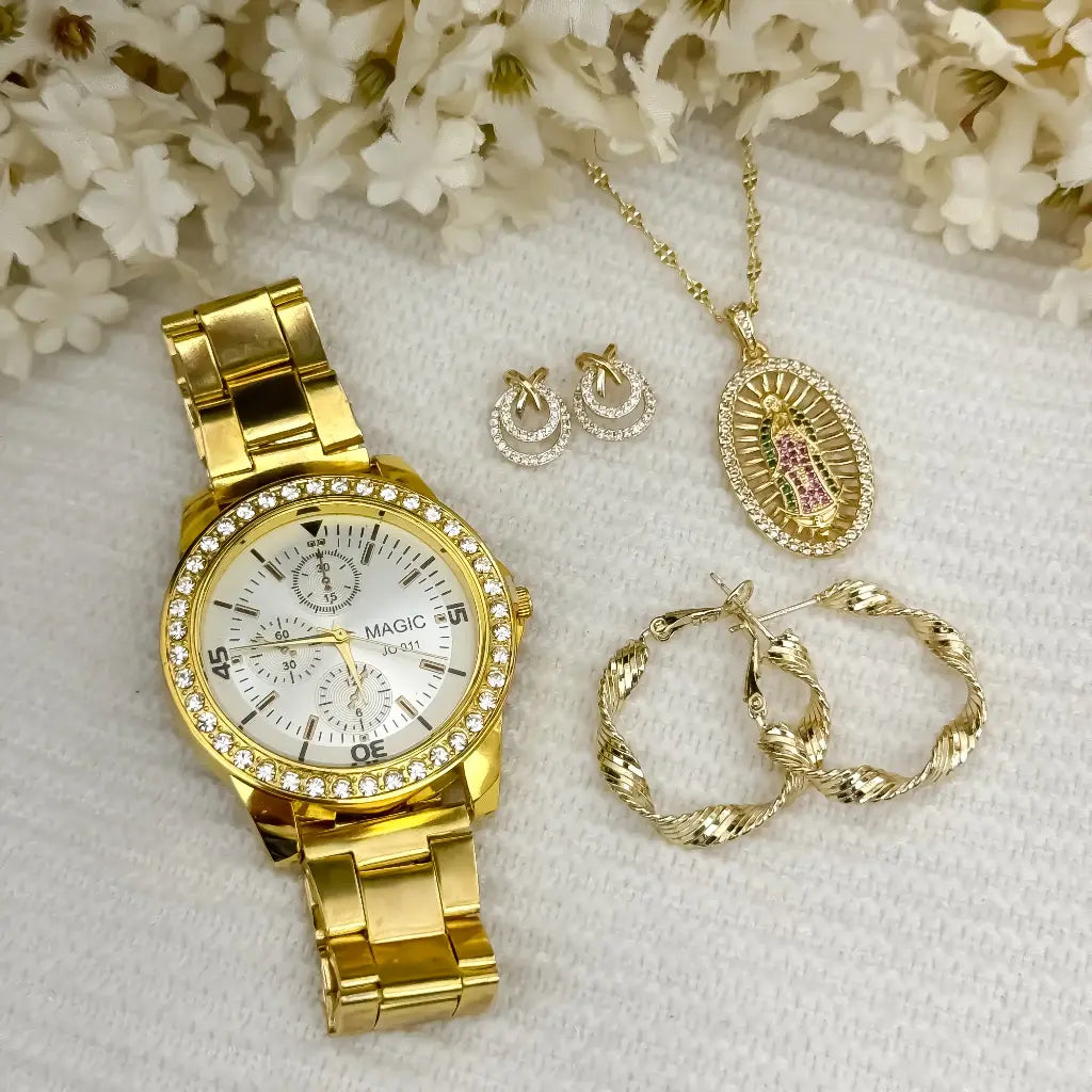 Juego para Dama Cadena Tejido Crispeta + Virgen Guadalupe + Juego de candongas + Topos en Oro Laminado 18k + Reloj de Alta Gama con Garantia de por vida