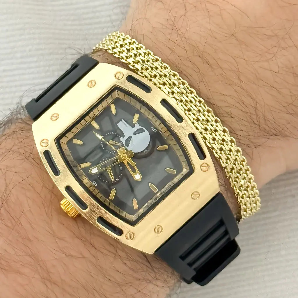 Reloj RICHAR MILLE en Color Amarillo + Esclava Tejido Chino 5mm de Grosor en Baño de Oro de 18k