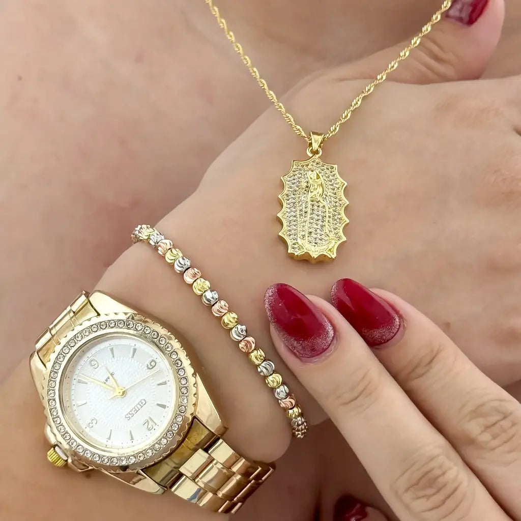 Juego de Cadena Tejido Singapur + Virgen Guadalupe con Circones + Pulsera Balin 4mm balin Italiano en 3 Oros en Baño de Oro 18k + Reloj Guess con Garantia