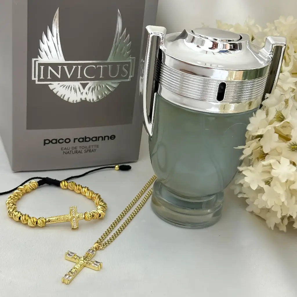 Conjunto Cruz para Caballero Tejido Chino 60cm + Pulsera Cruz Balin italiano en Baño de Oro de 18k + Gratis Locion INVICTUS REPLICA 1.1