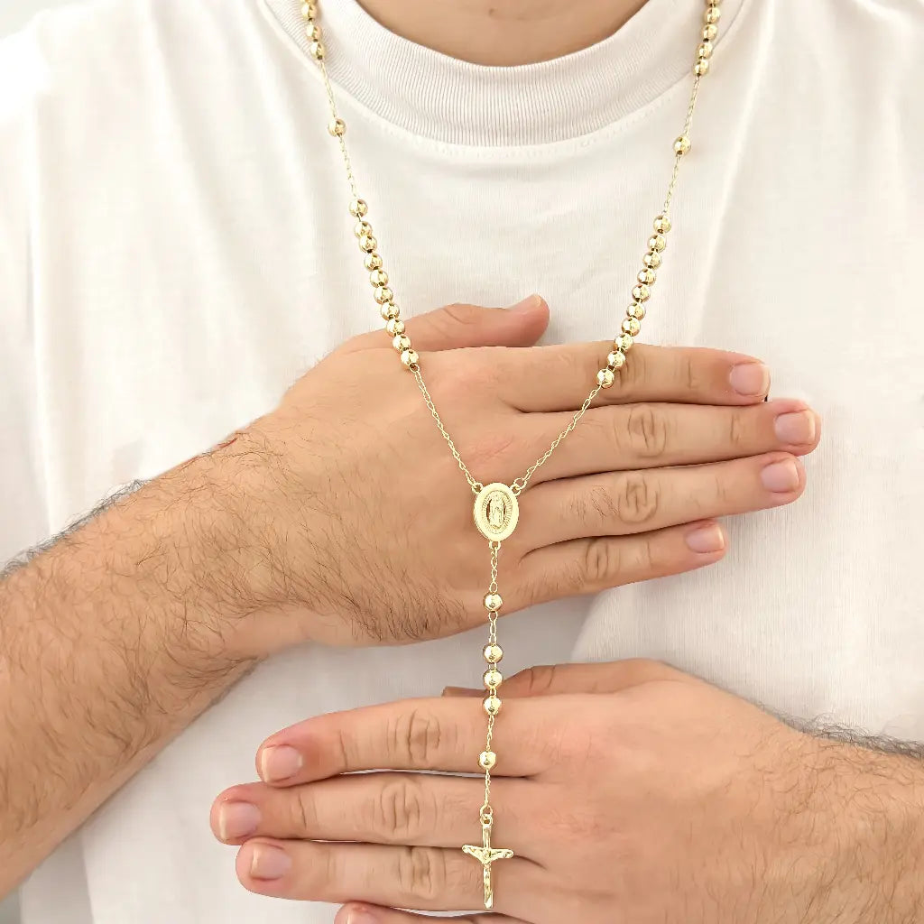 Camándula de la Virgen de Guadalupe en Balín 6mm Liso en Baño de Oro de 18k