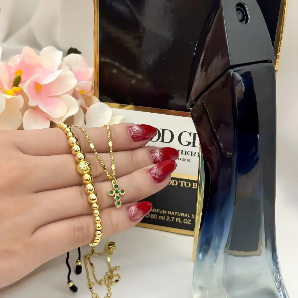Cadena Tejido Cubana Corazon + Dije Cruz Circones Verde + Pulsera Balin 4mm en Baño de Oro 18k con Garantia + El perfume "Good Girl" de Carolina Herrera Gratis Replica 1.1