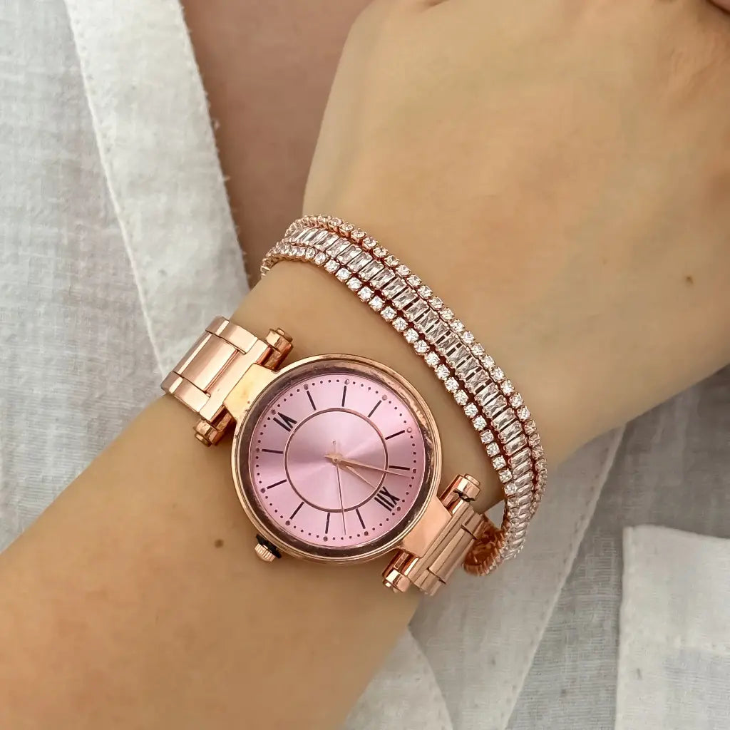 RELOJ PARA DAMA EN ORO ROSA +PULSERA TENNIS CON CIRCONES ORO ROSA EN BAÑO DE ORO 18K CON GARANTIA