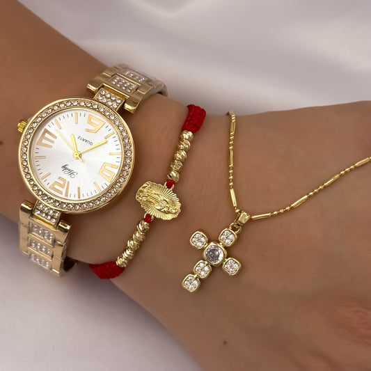 Cadena Tejido Militar de Dama de 45cm + Cruz Cristo Con Micro Circones Cristales + Pulsera Guadalupe Tallada en Balin italiano de 4mm + Reloj de Dama Tipo Catier con Micro Circones en Oro Laminado 18k con Garantía de por vida