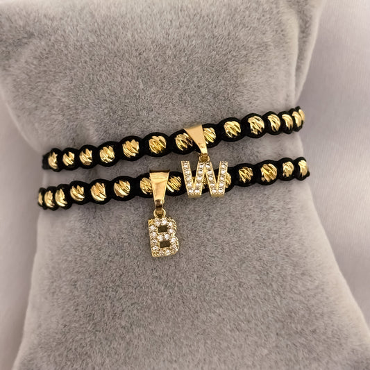 Promoción de 2 Pulseras para Parejas en Balin Italiano 4mm con Letras  Inicial con Micro Circones Cristales en Oro Laminado 18k con Garantía de por vida