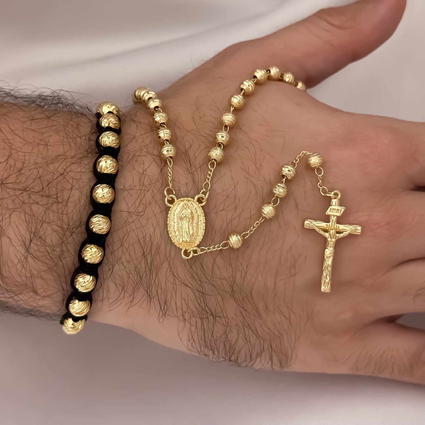 Camándula de Virgen de Guadalupe en Balin Italiano de 6mm + Pulseras Tejida en Balin Italiano de 6mm en Oro Laminado 18k con Garantia de por vida