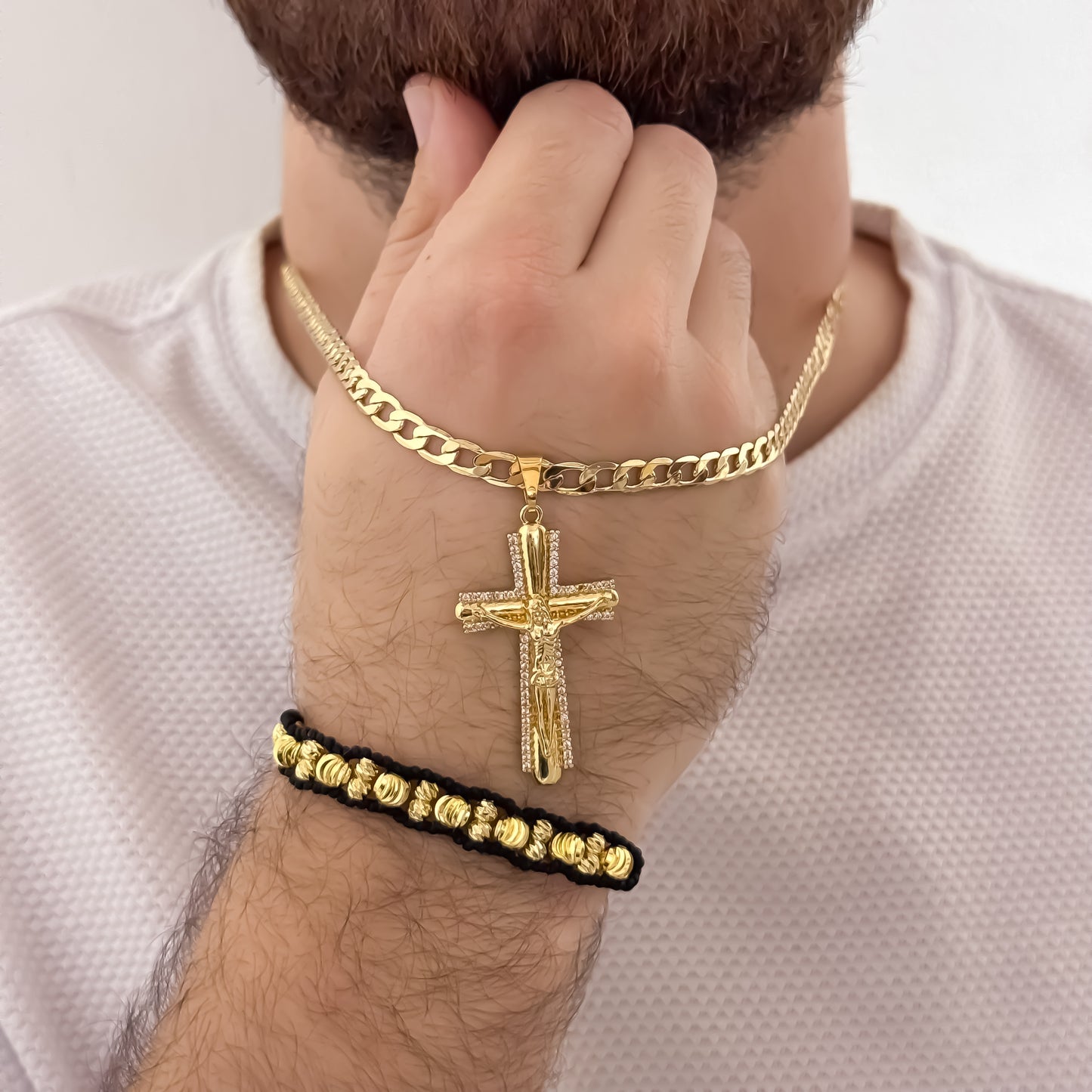 Cadena Tejido Cubana de Hombre de 60cm de 5mm de Grosor + Cruz Cristo Madero con Micro Circones  Cristales + Pulseras Balin Italiano de 6mm y 4mm en Oro Laminado 18k con Garantia de por vida