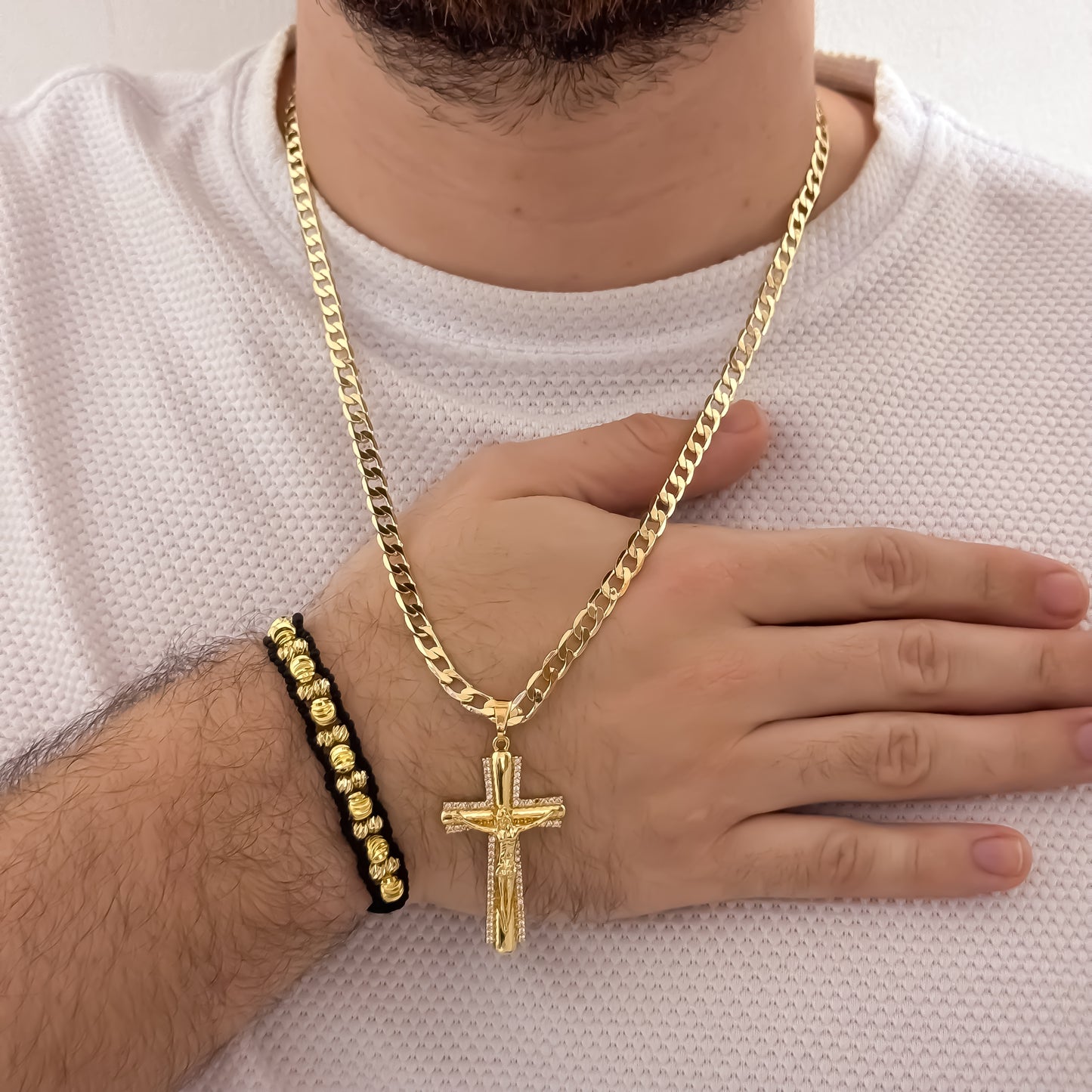 Cadena Tejido Cubana de Hombre de 60cm de 5mm de Grosor + Cruz Cristo Madero con Micro Circones  Cristales + Pulseras Balin Italiano de 6mm y 4mm en Oro Laminado 18k con Garantia de por vida