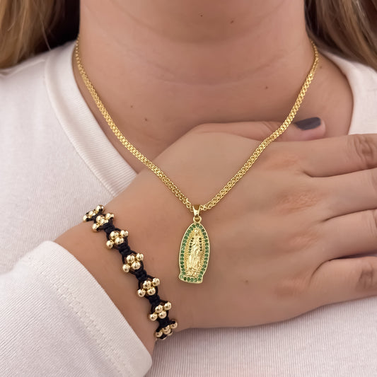 Cadena Tejido Chino de Dama de 45cm de 3mm + Virgen de Guadalupe con Micro circones Verde Esmeralda + Pulsera Tejida Balin Liso de 4mm en Oro Laminado 18k con Garantia de por vida