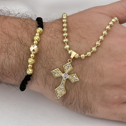 Cadena Tejido Militar de Hombre de 60cm de 4mm Diamantado en Balin Italiano + Cruz Trebol con Micro circones + Pulseras Balin Italiano de 6mm y en Oro Laminado 18k con Garantía de por vida mismo color de oro de 18k