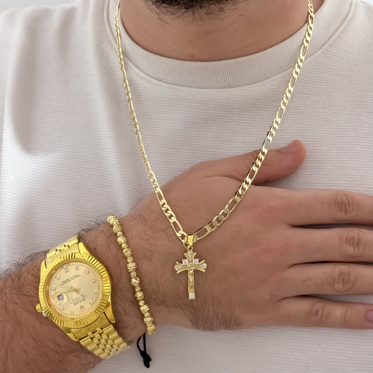 Cadena Tejido Catier de Hombnre de 60cm de 4mm de Grosor + Cruz Cristo Madero + Pulsera Balin itliano de 6mm en Oro Laminado 18k con Garantia de por vida mismo color de Oro de 18k + Reloj de Caballero Rolex