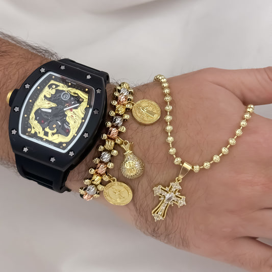 Cadena Tejido Militar Diamantada 60CM + Cruz Trébol con Miro circones + Pulsera Balin Italiano de 3 Oros de Abundancia y Devoción + Reloj Richard Repli1.1