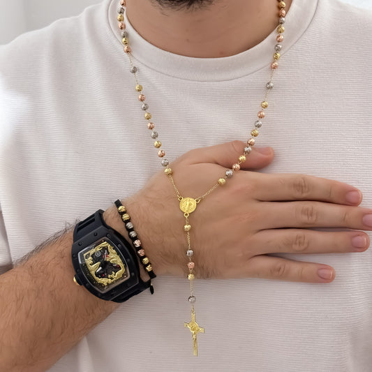 Camándula de San Benito Protección de 60cm de 5mm Balin italiano  de 3 Oros  + Pulsera Balin italiano en Oro Laminado18k con Garantia de por vida + Reloj Richard