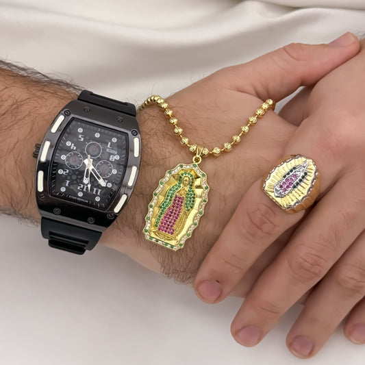 Cadena Tejido Militar Diamanatada de 60cm + Virgen de Guadalupe talla de colores + Anillo de colores de Guadalupe en Oro Laminado 18k + Reloj Richard