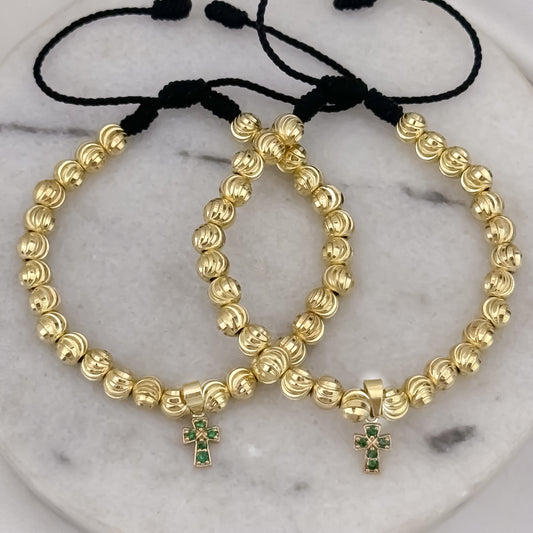 Promocion de 2 Pulseras para Parejas Cruz Verde Esmeralda en Balin Nuevo italiano Nuevo Labrado en Oro Laminado 18k con Garantía de por vida