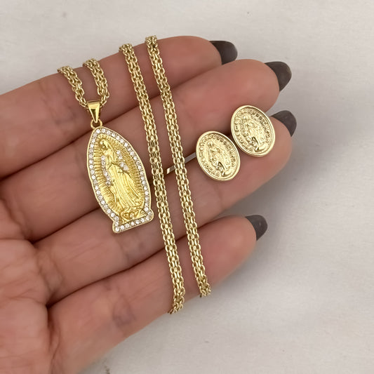 Cadena Tejido Chino 45cm de 3mm de Grosor + Virgen de Guadalupe  + Topo de Virgen de Guadalupe  en Oro Laminado 18k con Garantía de por vida
