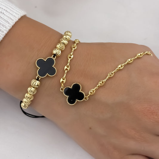 Cadena Tejido Gucci de Dama de 45cm de 3mm de Grosor + Dije de Van Cleef Negro + Pulseras Tejida Balin Italiano Herraje  Van Cleef  en Oro Laminado 18k con Garantía de por vida
