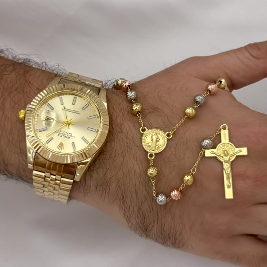 Juego de Camandula San Benito de 3 Oros  en Balin Italiano de 60cm de 6mm en Oro Laminado 18k con Garantía de por vida + Reloj  Rolex de Hombre 1.1