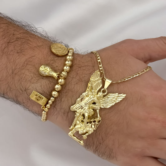 Cadena Tejido Catier de hombre de 60cm + San Miguel Arcángel Protección + Pulsera de Abundancia y Protección con San Benito + Bolsa Dinero + Billete de Dólar en Oro Laminado 18k con Garantia de por vida