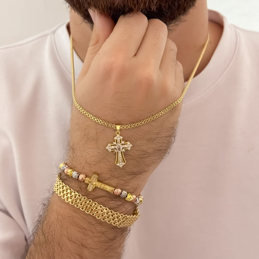 Cadena Tejido chino Hombre de 60cm de 3mm + Cruz Cristo Madero + Pulseras China Gruesa de 20cm de 8mm de Grosor + Pulsera Balin Italiano 6mm en Oro Laminado 18k con Garantía de por vida