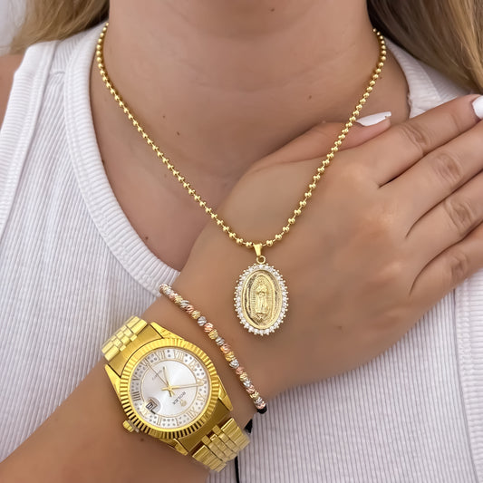 Cadena Tejido Militar de Dama de 45cm + Pulsera en Balin italiano de 3  Oros + Reloj de Dama en Oro Laminado 18k con Garantia de por vida