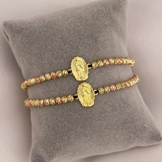 Promoción de 2 Pulseras para Parejas en Balin Italiano de 4mm en Oro Rosa y Amarillo con Amuleto protector de Virgen de Guadalupe en Oro Laminado 18k con Garantía de por vida