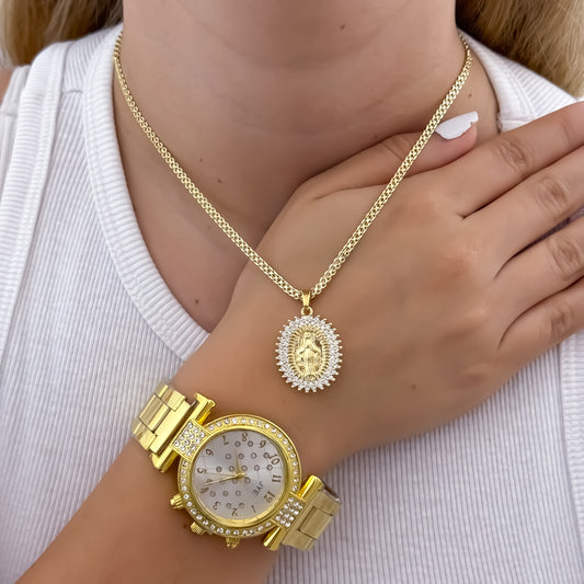 Cadena Tejido Chino de Dama 45cm + Virgen Guadalupe  Circones Oro laminado 18k con Garantía de por vida