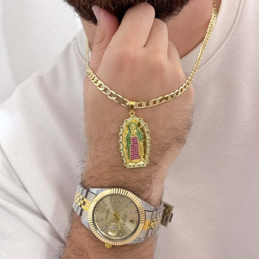 Cadena Tejido Cubana Plana de 60cm de 5mm de Grosor + Virgen de Guadalupe Tallada de Colores en Oro Laminado 18k con Garantia de por vida + Reloj de Canba