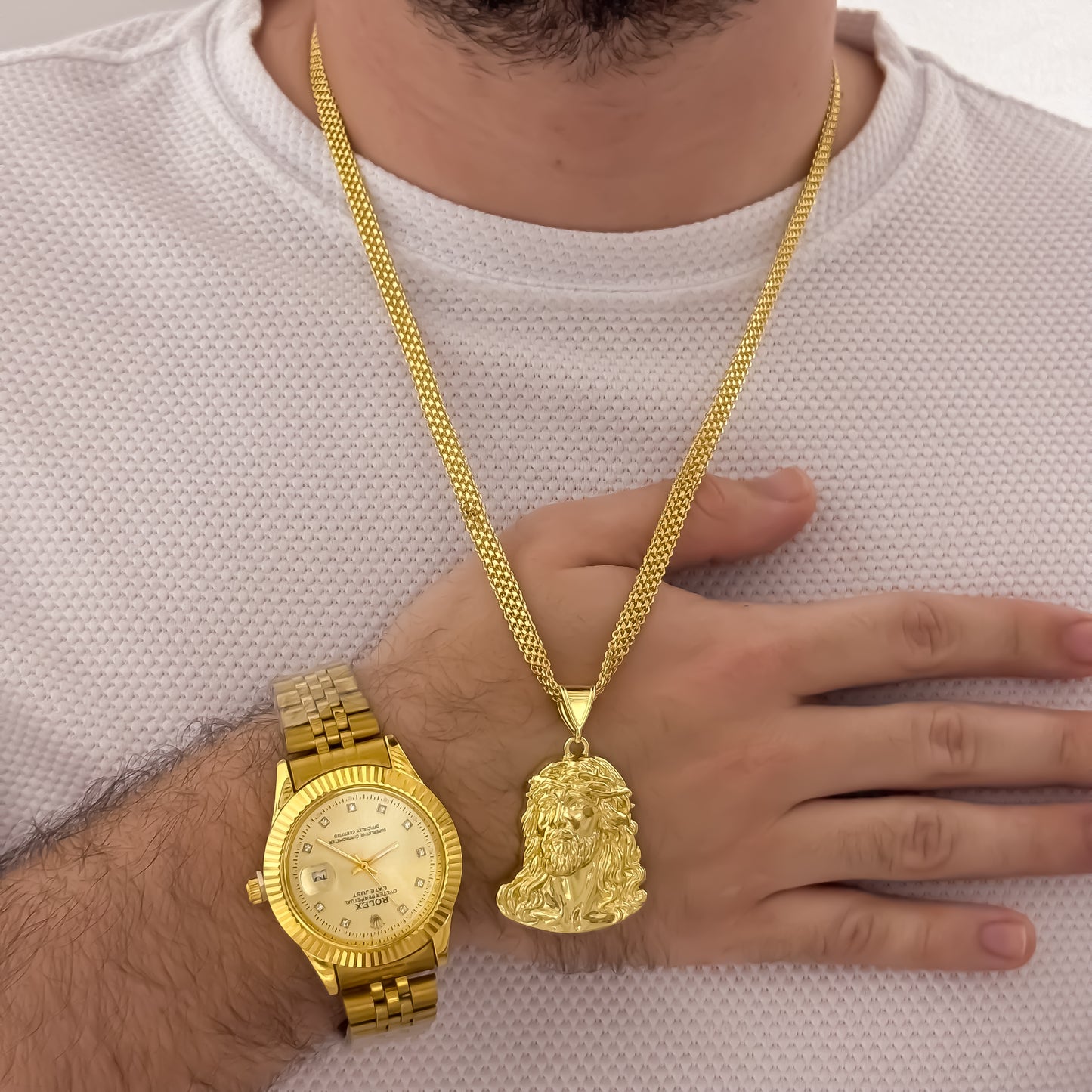 Cadena Tejido Chino Doble Carril Rostros de Jesús Tallado + Pulsera de Virgen de Guadalupe Tallada de 3 Carriles en Balin italiano de 5mm en Oro Laminado 18k con Garantia de por vida