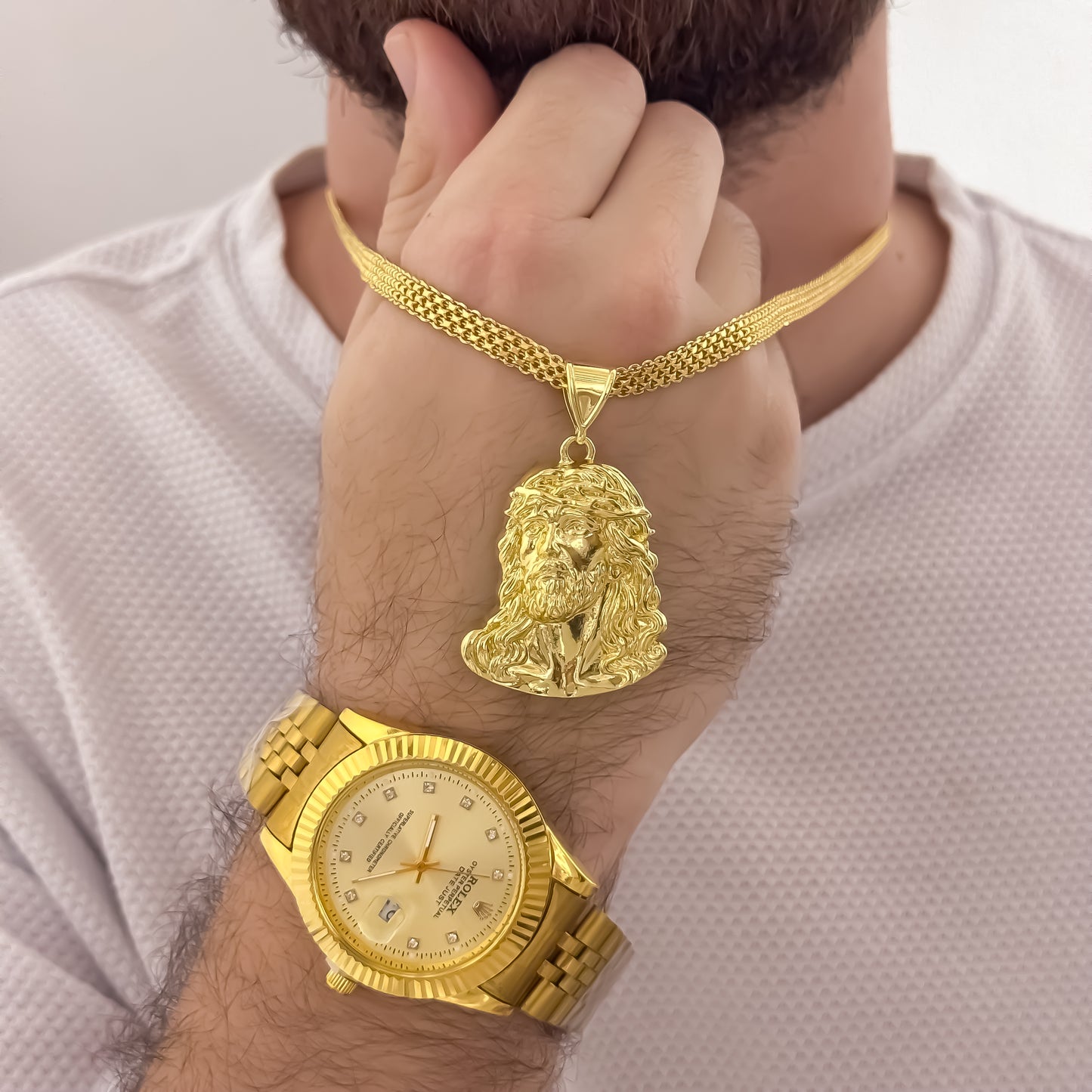 Cadena Tejido Chino Doble Carril Rostros de Jesús Tallado + Pulsera de Virgen de Guadalupe Tallada de 3 Carriles en Balin italiano de 5mm en Oro Laminado 18k con Garantia de por vida