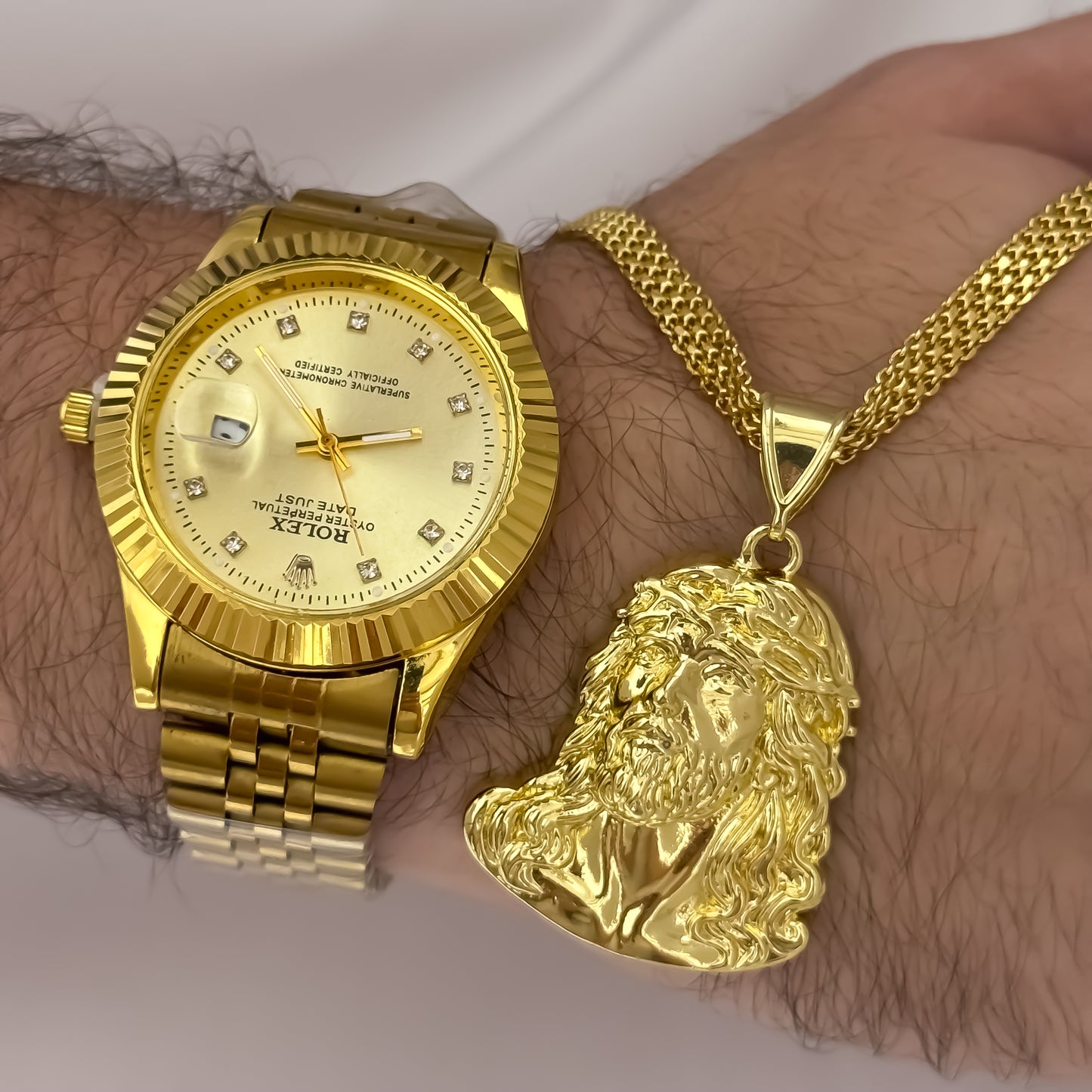 Cadena Tejido Chino Doble Carril Rostros de Jesús Tallado + Pulsera de Virgen de Guadalupe Tallada de 3 Carriles en Balin italiano de 5mm en Oro Laminado 18k con Garantia de por vida